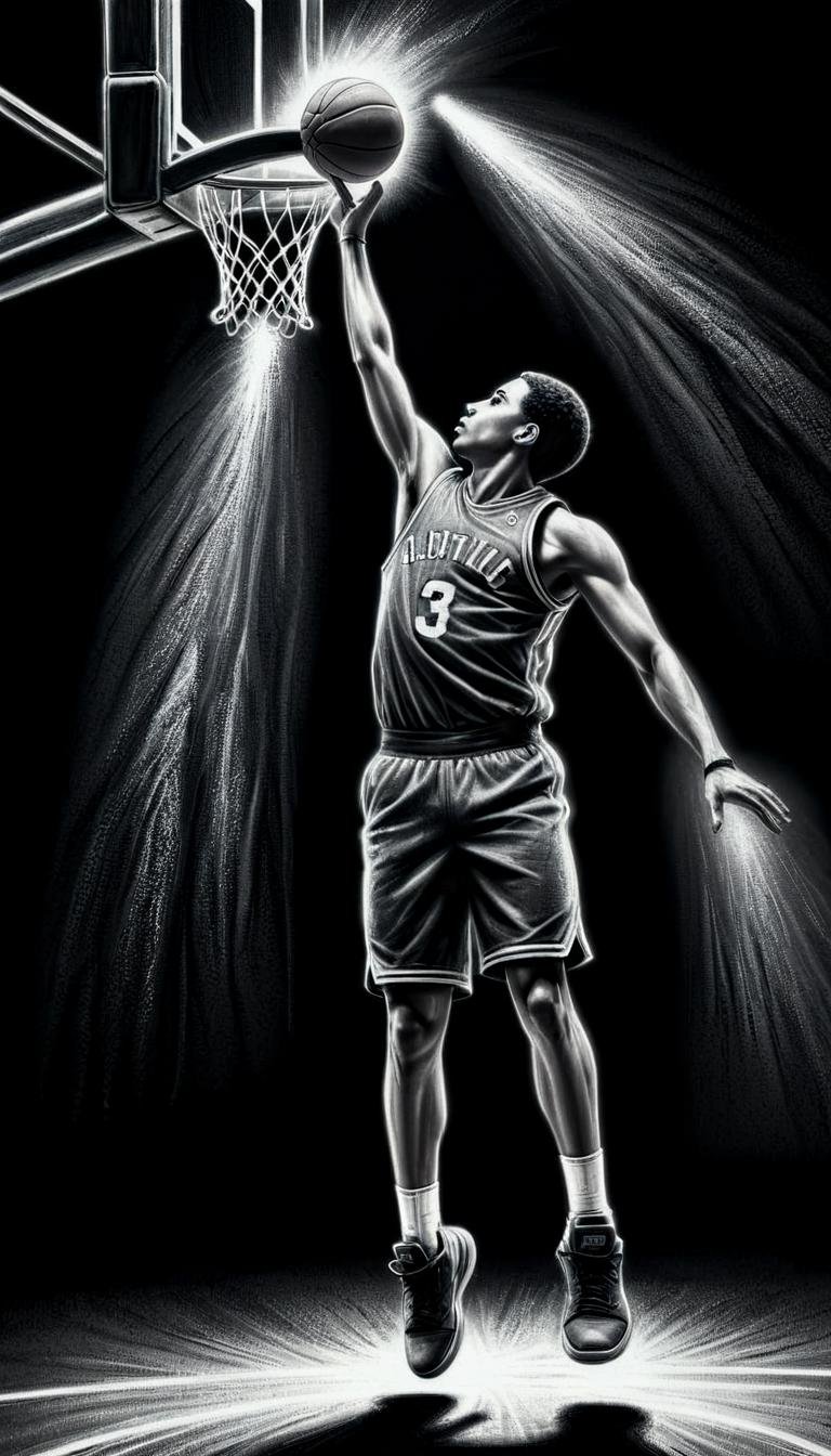 monochrome greyscale noise grainy dirty charcoal drawing of <lora:CharcoalDarkStyleXL:1>CharcoalDarkStyle a Latino basketball player shooting a three-pointer in an intense match dark black background black vignette