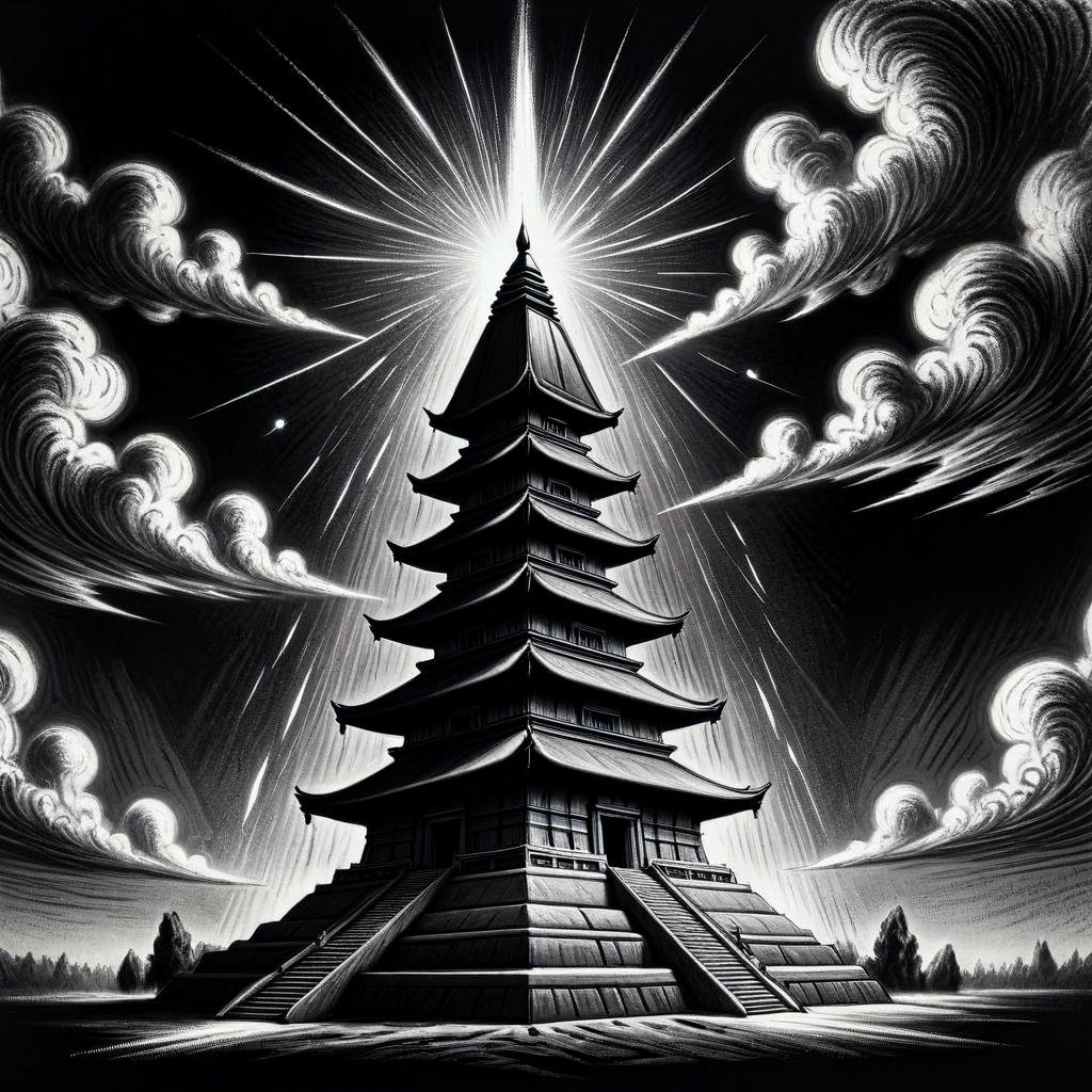 monochrome greyscale noise grainy dirty charcoal drawing of <lora:CharcoalDarkStyleXL:1>CharcoalDarkStyle a floating temple in the sky powered by antimatter propulsion dark black background black vignette