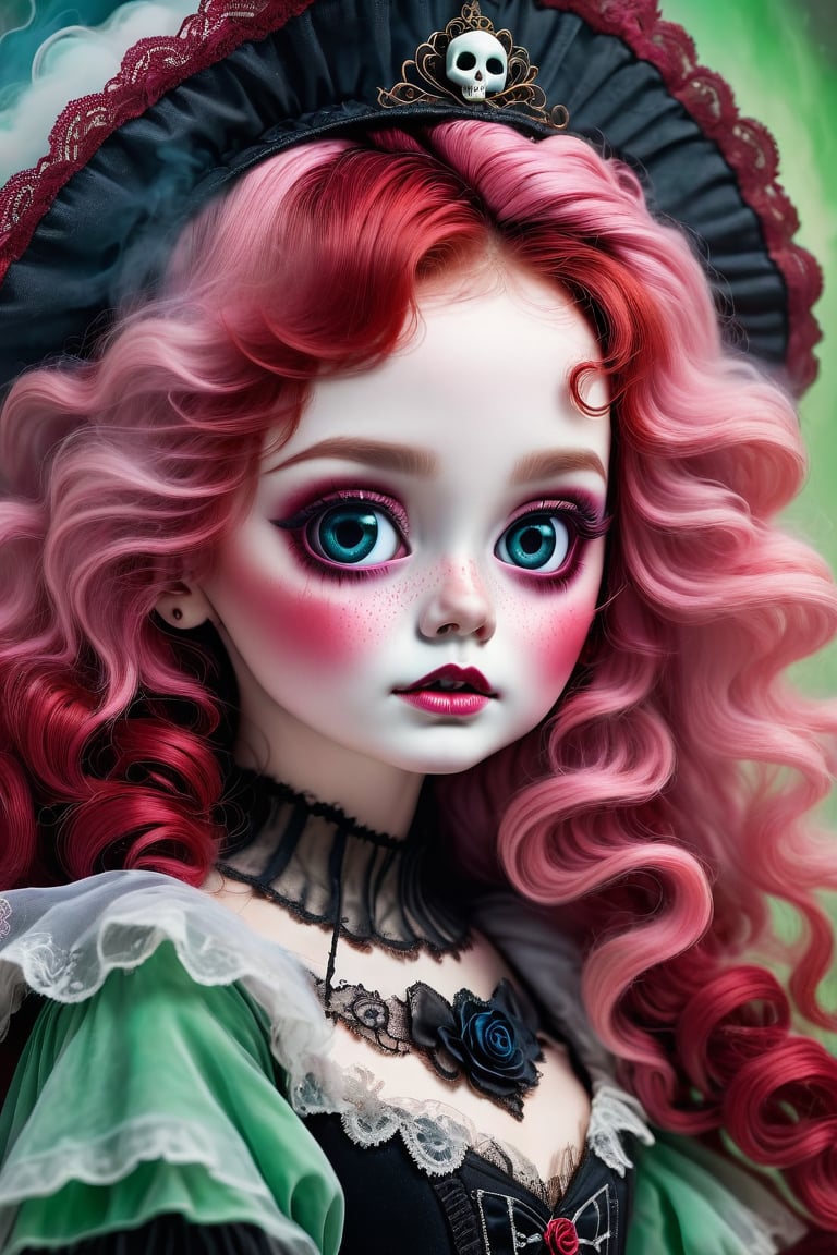 best quality,masterpiece：1.2,detailed details,Ghost doll girl,big eyes,small freckles, halloween costume,Red hair,Gothic,gothic victorian style, Dark, psychology, Surrealism, sublimation, subconsciousness, sentiment, enthusiasm, pink、White and red details, Rose background,Green smoke from hair, Blue smoke background, Soft red and blue light,