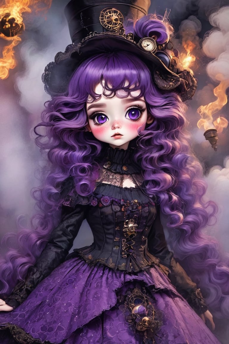 （best quality,masterpiece：1.2,detailed details）,（Weird doll girl,big eyes,small freckles, Fluffy purple hair）,（Dark Gothic,steampunk gothic victorian style）, Dark, swallowed by smoke