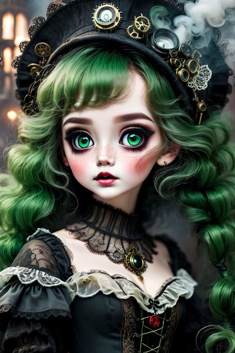 （best quality,masterpiece：1.2,detailed details）,（strange doll girl,big eyes,small freckles, Fluffy green hair,have）,（dark Gothic,steampunk gothic victorian style）, dark, engulfed in smoke