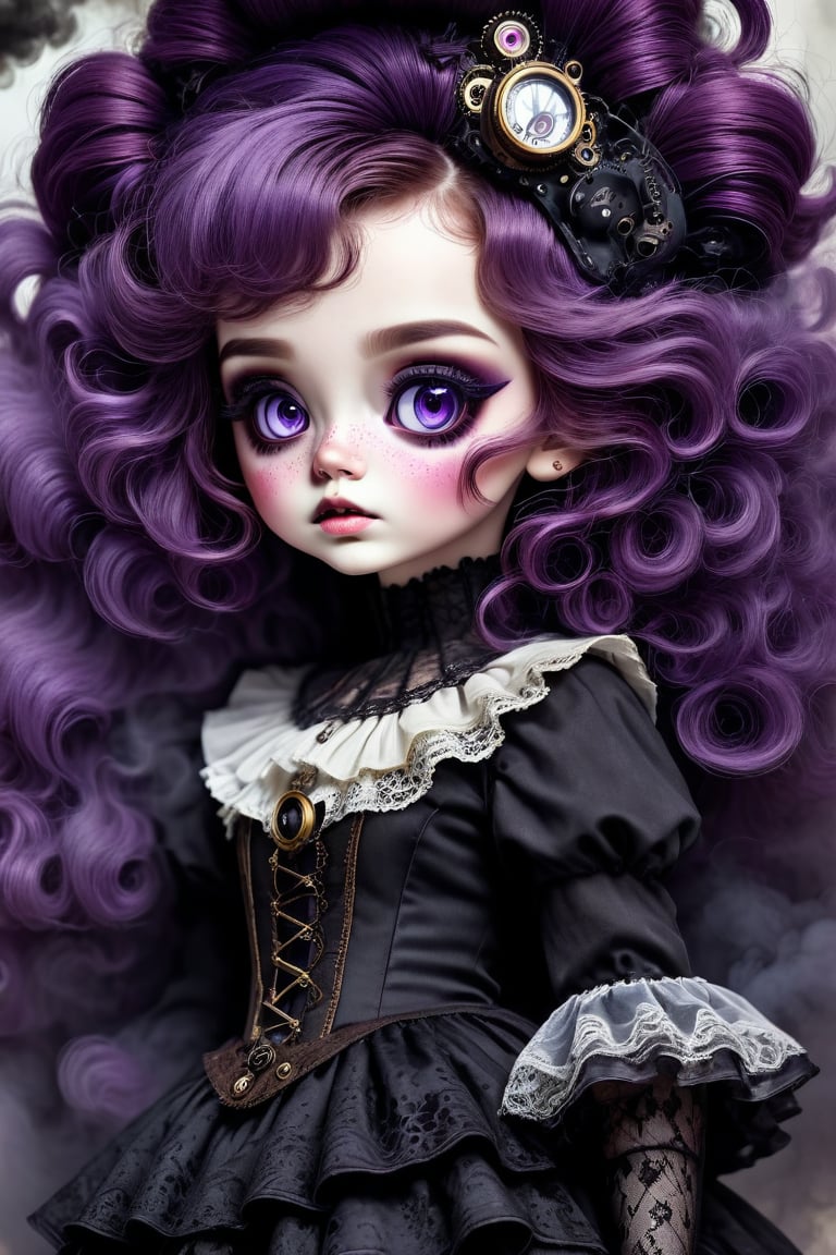 （best quality,masterpiece：1.2,detailed details）,（Weird doll girl,big eyes,small freckles, Fluffy purple hair）,（Dark Gothic,steampunk gothic victorian style）, Dark, swallowed by smoke