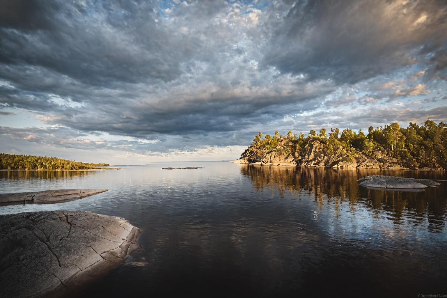 CINEMATIC SHOT, professional photo by Caravaggio of  wild nature, lake ladoga, dramatic clouds, summer,  biohazard  (by Christopher Nolan:1.4),F11,(DOF, Cinematic Color grading, intricate, hyper realistic, detailed, flickr, cinematic lighting)    <lora:Wild_nature_XL:1>