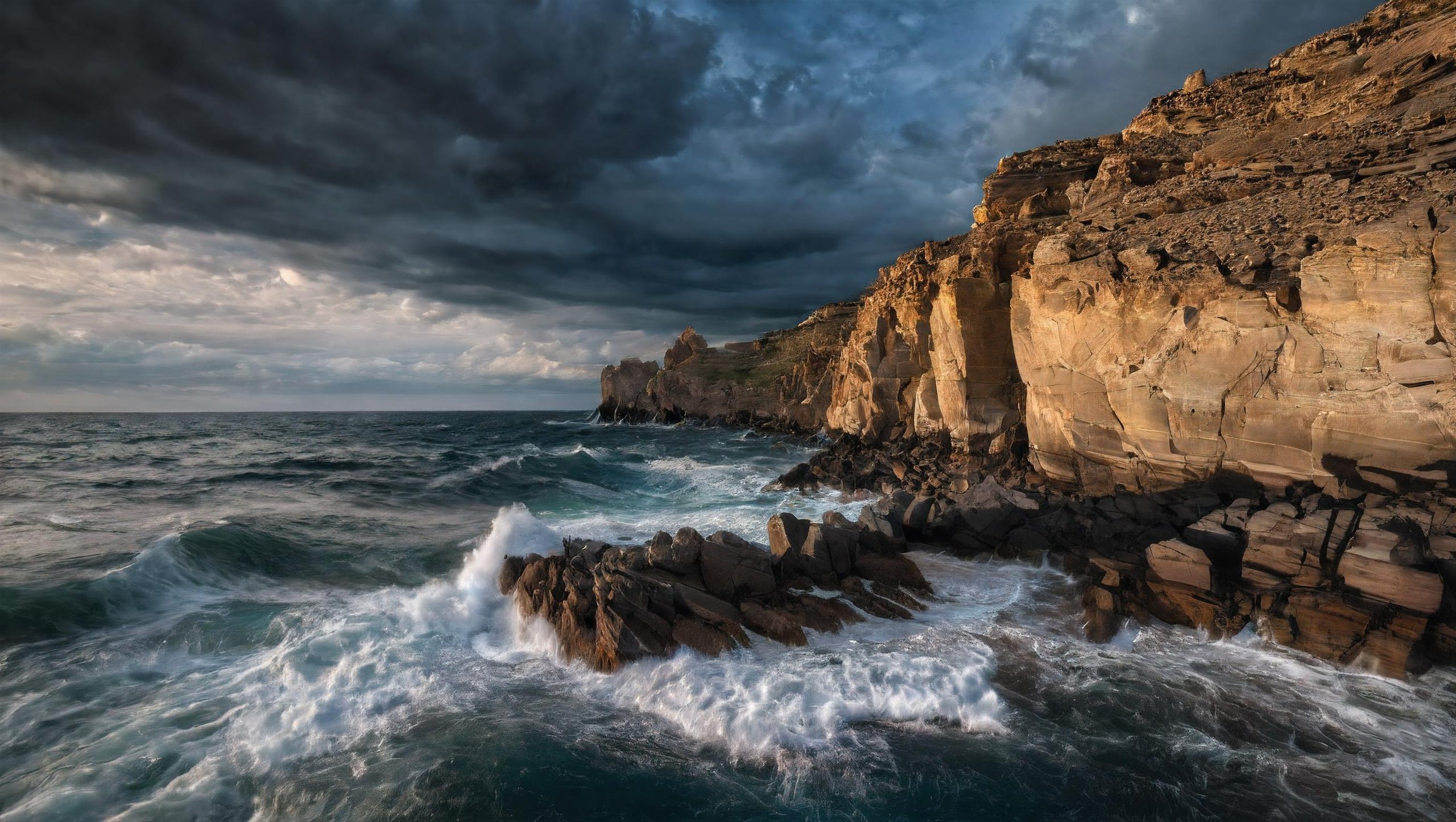 CINEMATIC SHOT, professional photo by Caravaggio of  wild nature, Sachalin, cliffs, rock formations, sea waves, rough sea, dramatic clouds, rule of thirds, view from surface,  (by Christopher Nolan:1.4),F11,(DOF, Cinematic Color grading, intricate, hyper realistic, detailed, flickr, cinematic lighting)    <lora:Wild_nature_XL:1>