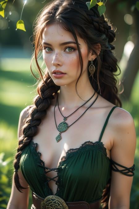 Celtic-inspired scene,intricate knotwork,mystical atmosphere,ancient symbols,lush greenery,ethereal lighting,fantasy setting,magical ambiance,Celtic,1girl,jewelry,solo,long hair,realistic,necklace,green eyes,breasts,braid,lips,blurry,tattoo,brown hair,freckles,upper body,earrings,blurry background,dress,facial mark,single braid,leaf,best quality,masterpiece,illustration,an extremely delicate and beautiful,CG,unity,8k wallpaper,Amazing,finely detail,masterpiece,official art,extremely detailed CG unity 8k wallpaper,incredibly absurdres,huge filesize,ultra-detailed,highres,extremely detailed,beautiful detailed girl,realistic,outdoors,<lora:Celtic:0.8>,