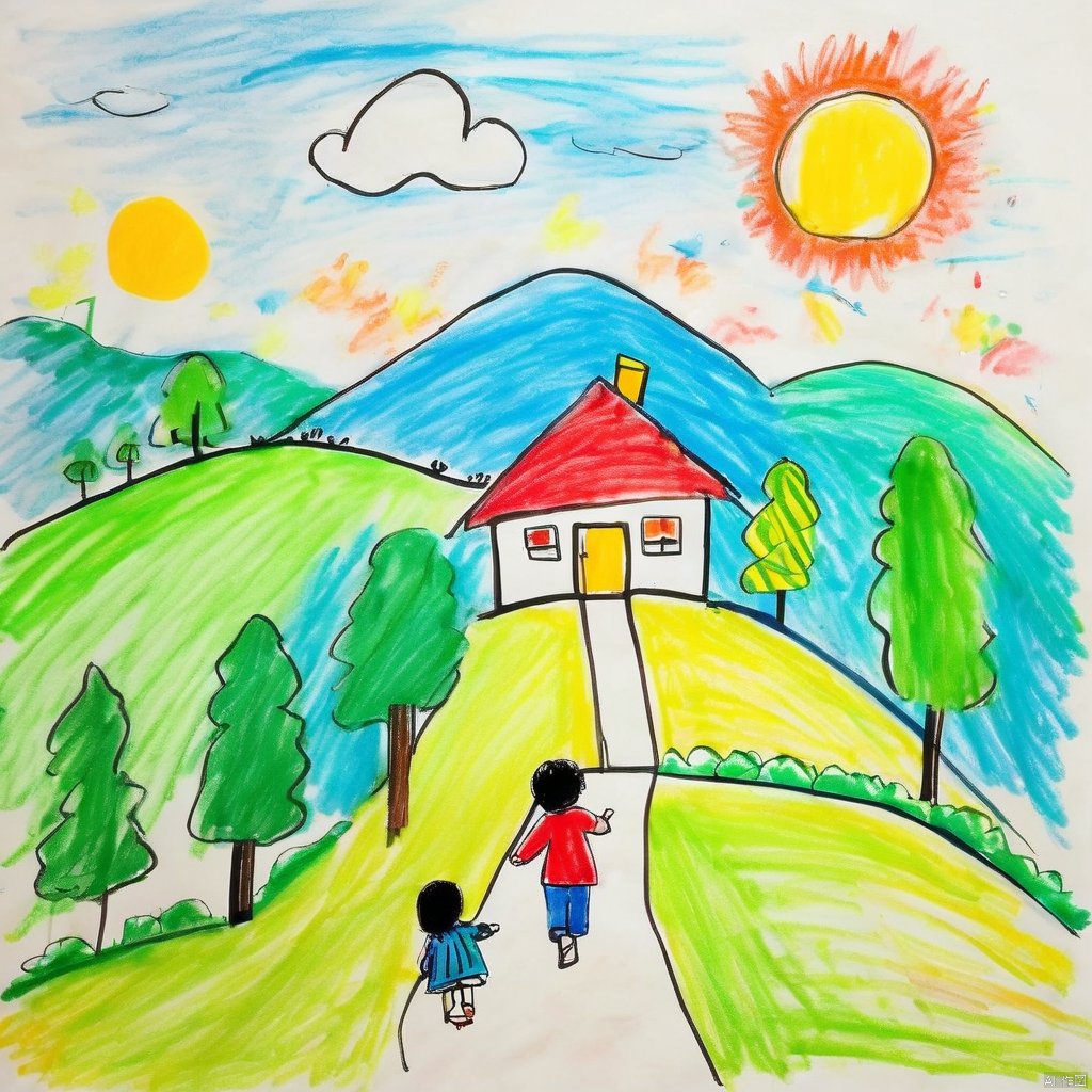 children-drawing, colorful, hand-drawn picture, artistic landscape, scene, hill, house on top, smaller house, slope, sun, sky, houses, vibrant atmosphere, trees, depth, detail, overall composition, person, picturesque setting, view, daily activities