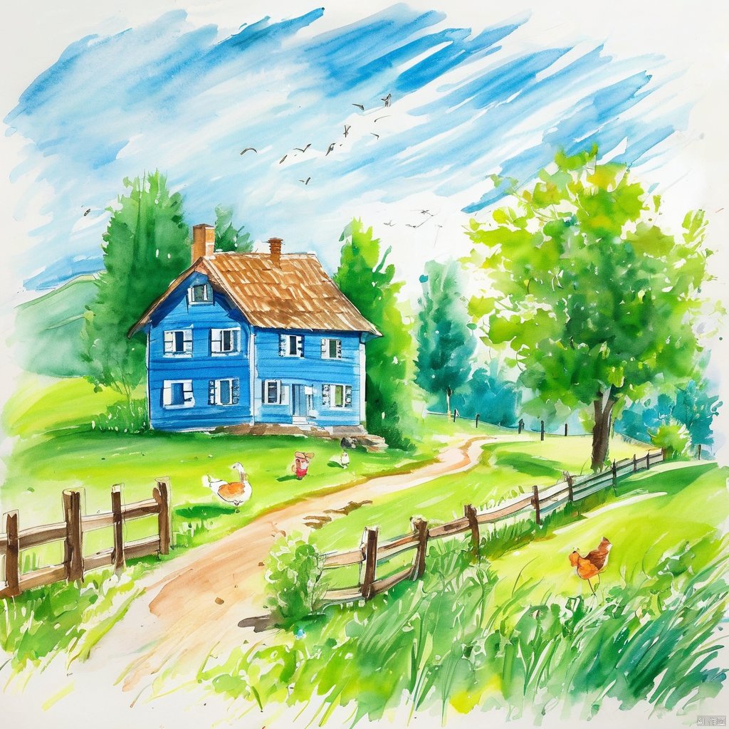 children-drawing, charming country house, blue siding, situated, side, road, surrounded, lush green grass, trees, background, creating, idyllic countryside setting, small fence, seen near, rustic charm, main house, two smaller houses visible, further down, road, one closer, left edge, scene, another towards, right, homes contribute, overall picturesque landscape, rural area
