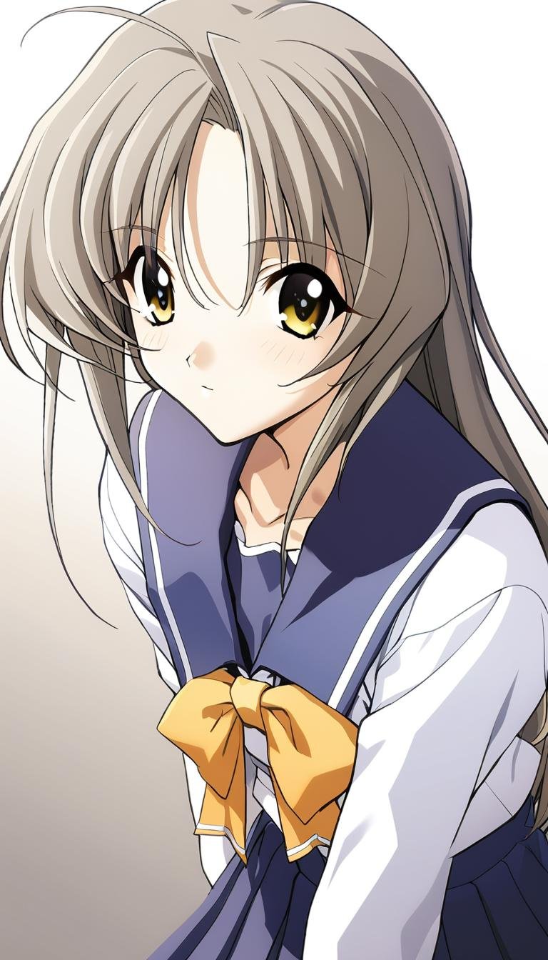 1girl,Futami Shion,sumisora uniform,sailor collar,blue cuff with a white stripe,yellow bow,blue pleated skirt,looking at viewer,masterpiece,best quality,game cg,blush,white background,simple background,(detailed beautiful eyes:1.2),(beautiful face:1.2),<lora:FutamiShionXL:1>,
