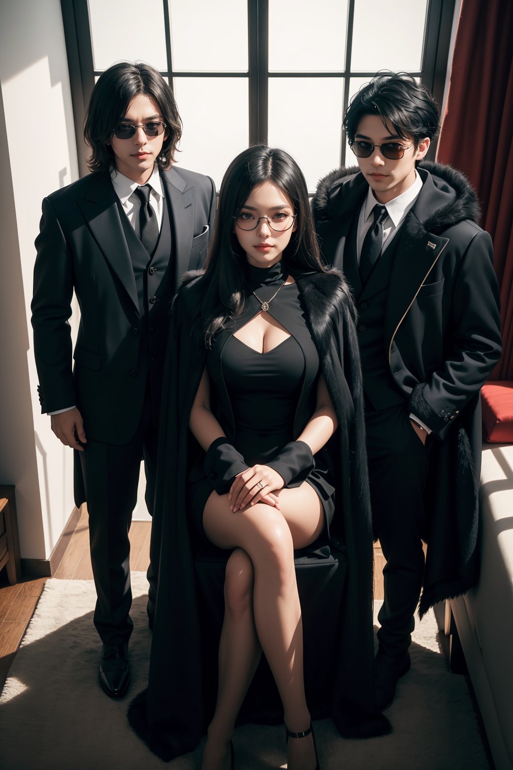 masterpiece, ultra quality, sharp focus, 3 person, (female focus), 2men blacksuit standing in background, black hair, sitting in sofa, crossed legs, looking at viewer, smirk, from above, fur cloak, futuristic, big window, (black shades)