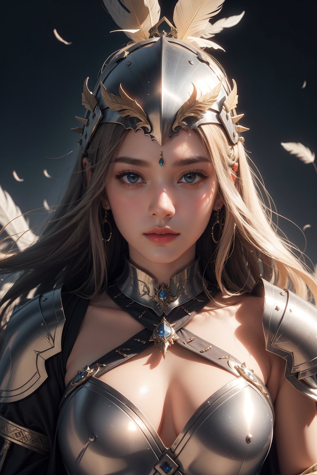 beautiful goddess of war, jewelry, looking at viewer with sharp eyes, colorful glowing particles, photorealistic, feather knight helmet, shoulder armor