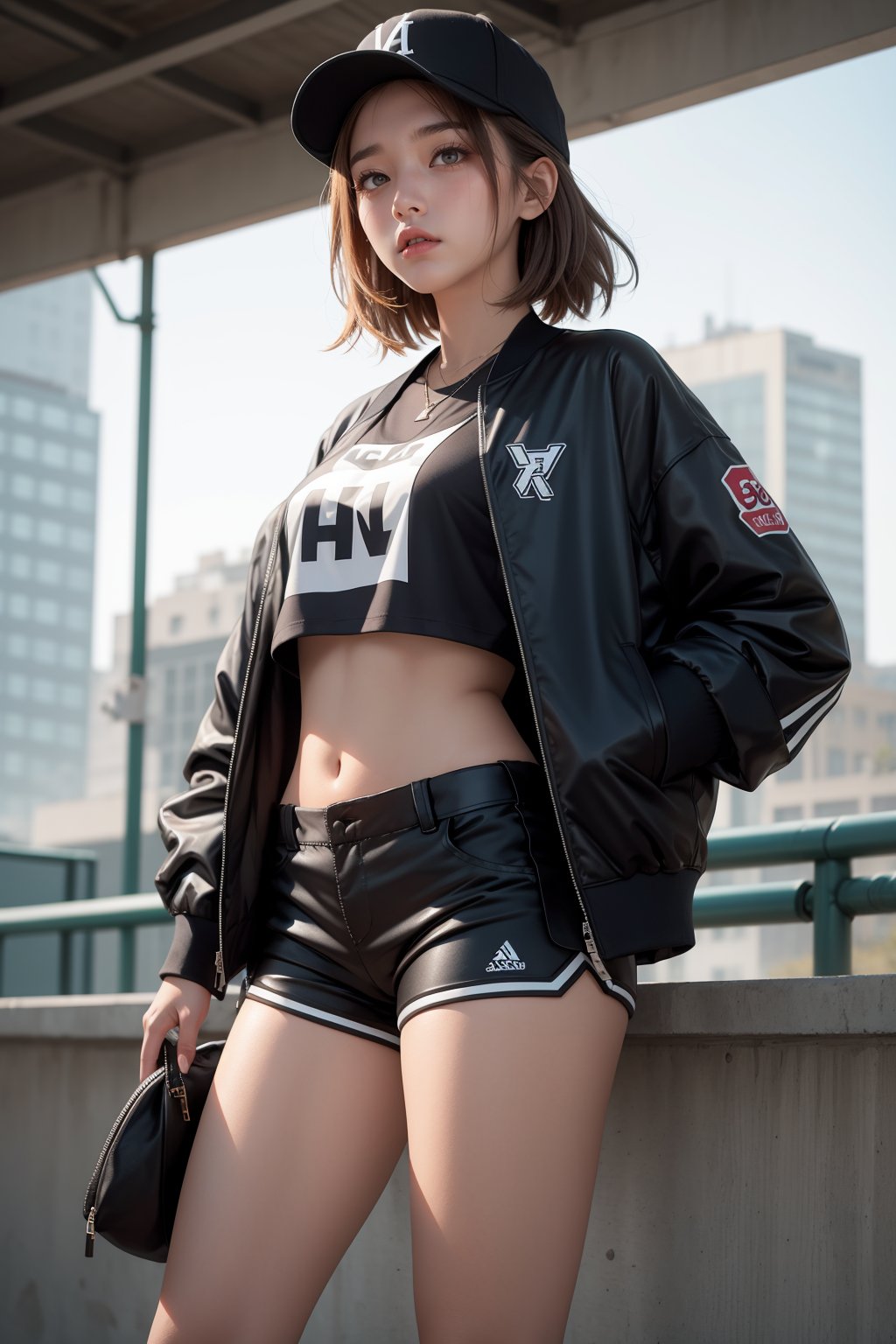 1girl, baseball jacket and cap, crop top, black shorts, confused look, looking at viewer