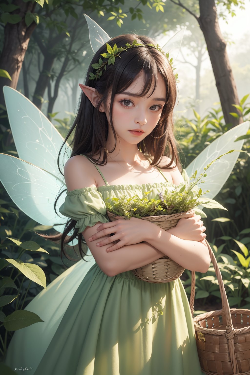 1girl, fairy colecting herb, fairy dress, pointy ears, fantasy garden forest, upper body, fairy wings, hugging basket