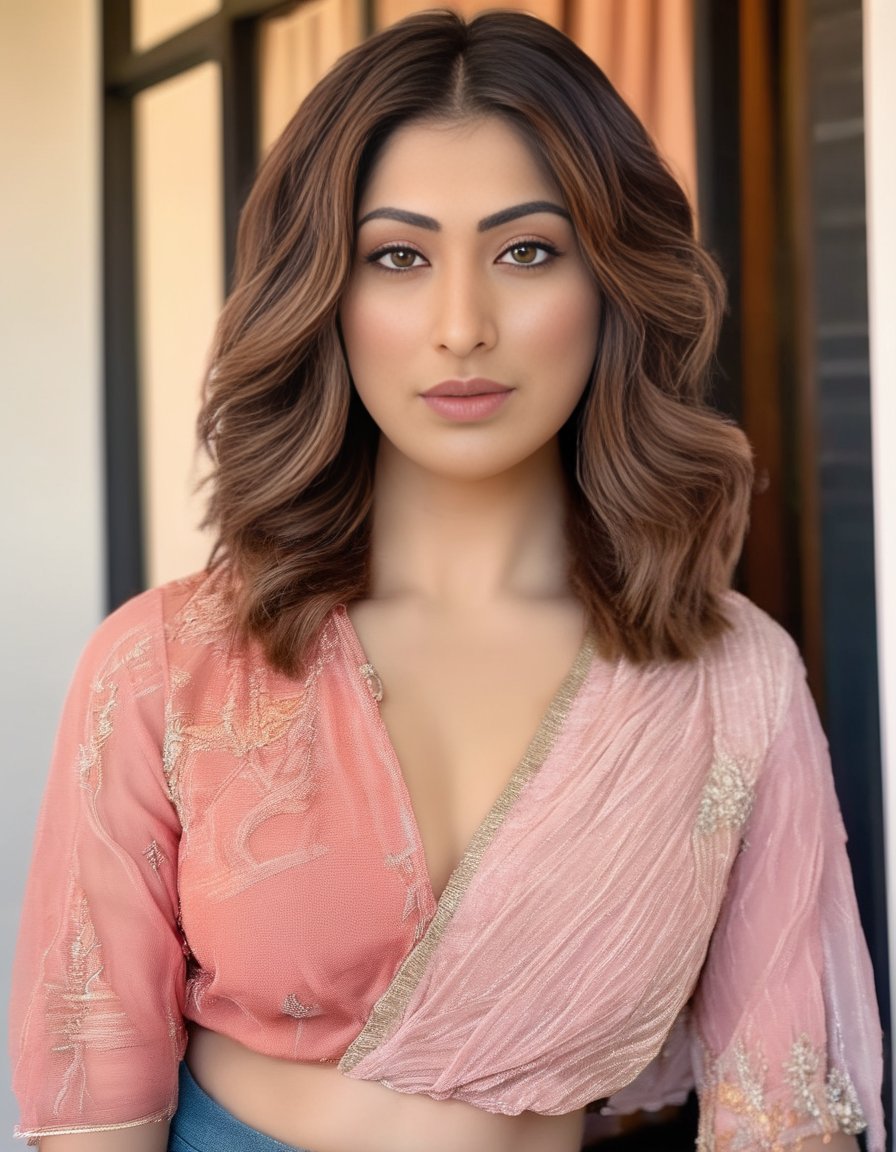 RaaiLaxmi,<lora:RaaiLaxmiSDXL:1>An image of a young woman with a medium complexion and soft, natural makeup. Her eyes are highlighted with eyeliner and mascara, and her lips have a pink tint. She has a textured bob hairstyle with brown, caramel, and auburn highlights. She wears a muted coral, fitted long-sleeved shirt with a heathered texture and subtle glitter. She stands outside with a relaxed pose, touching her hair lightly, against a blurred urban backdrop with soft natural lighting."