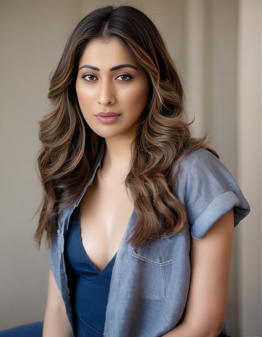 RaaiLaxmi,<lora:RaaiLaxmiSDXL:1>A detailed portrait of a young woman with a warm complexion and hazel eyes. Her hair is styled in soft waves with dark roots and honey-blonde highlights. She is wearing a dark denim shirt with the top buttons undone. Her makeup is natural, highlighting her eyes and lips, and she has a relaxed yet confident posture. The lighting is soft and natural, suggesting a daylight setting.