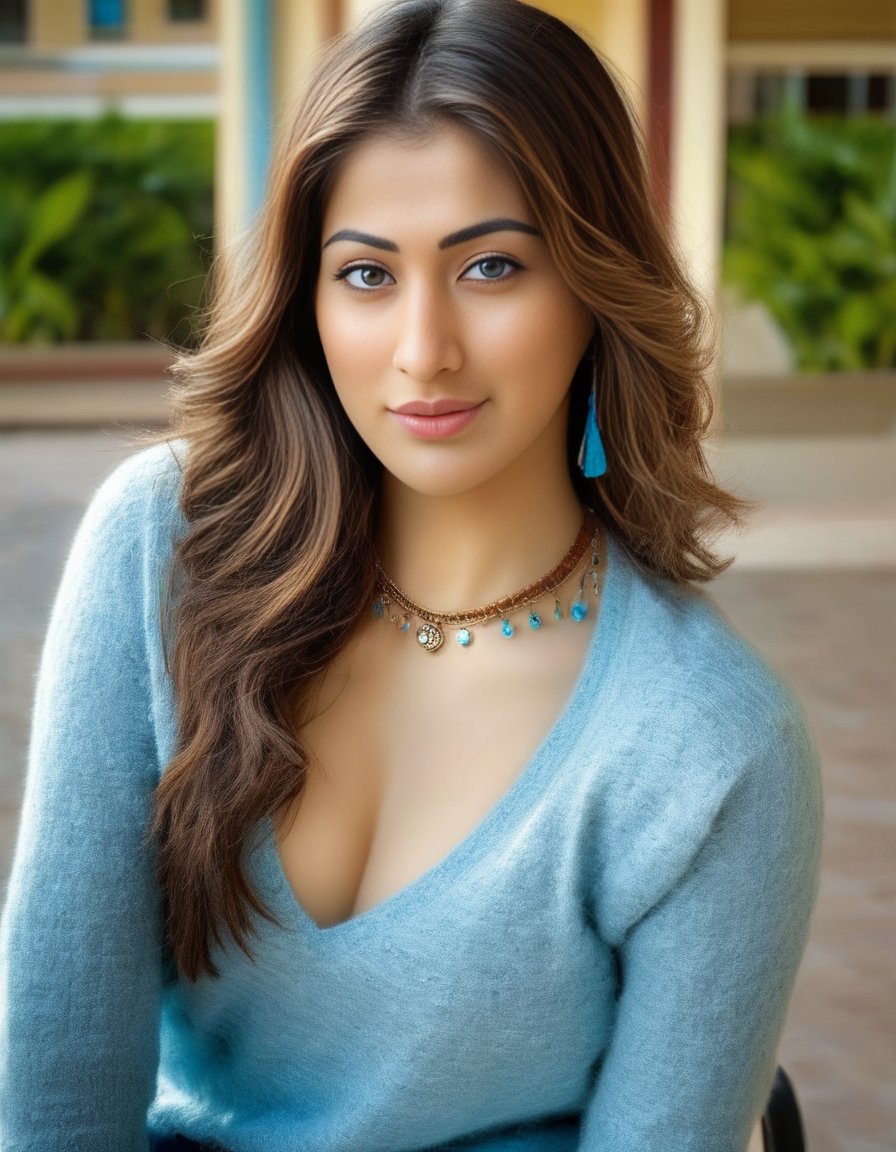 RaaiLaxmi,<lora:RaaiLaxmiSDXL:1>HDR photo of naturally beautiful young woman, shoulder length light brunette hair, light blue eyes, choker necklace, low cut sweater, gorgeous smile, perfect eyes, college campus . High dynamic range, vivid, rich details, clear shadows and highlights, realistic, intense, enhanced contrast, highly detailed