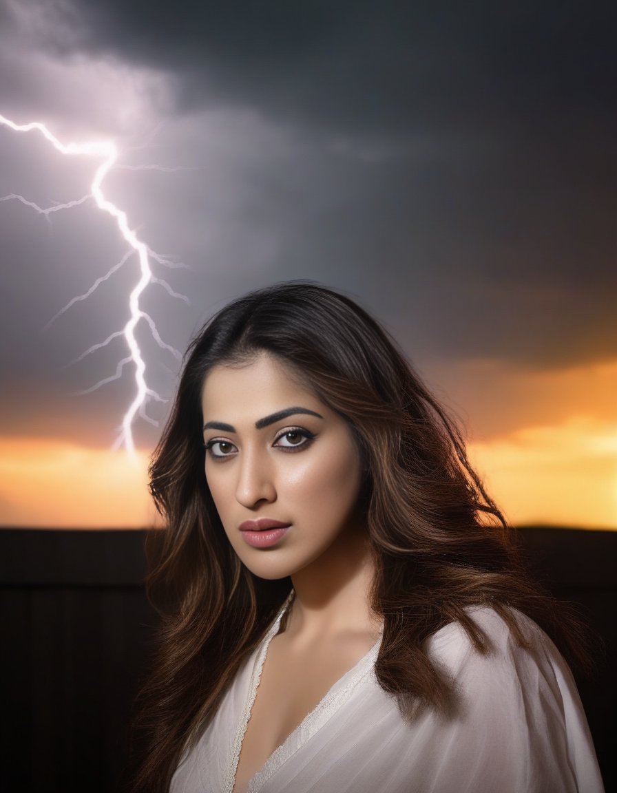 RaaiLaxmi,<lora:RaaiLaxmiSDXL:1>(20:1. 3) year old (woman:1. 1) with (auburn:1. 2) hair in a (half-up, half-down:1. 1) style, (brooding:1. 4) under a (stormy:1. 1) sky. Her (intense:1. 4) (stare:1. 1) is lit by occasional (lightning strikes:1. 1). The (dramatic:1. 1) atmosphere is shot on (KodakTri-X400:1. 1) for that (gritty:1. 1) (texture:1. 1) with a (NikonF3:1. 1) and a (105mm:1. 1) (nikkor:1. 1) (lens@f2.5:1. 1).