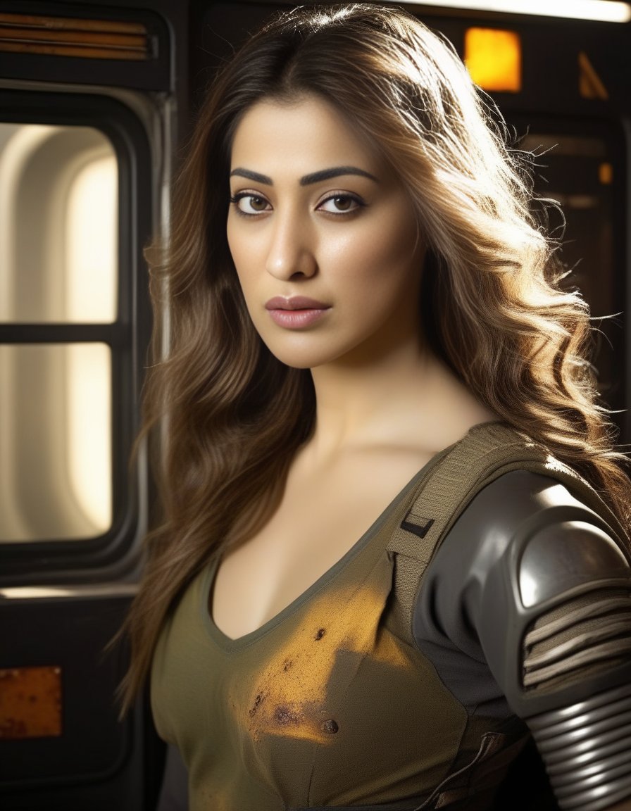 RaaiLaxmi,<lora:RaaiLaxmiSDXL:1>three-quarter close-up portrait, stunningly beautiful 30 y. o woman, slender athletic figure, stunning face, (expressive and deep [symmetrical eyes]), frowning and innocent expression, (long [natural blond] hair)+++ | ([maximum detailed post apocalyptic survivor : 00's sci-fi TV series style : firefly : armor protection elements | maximum detailed mechanic firefly style | (intricately detailed:1. 2) |(intricately detailed sci-fi utilitarian interior [((intricately detailed rusty decayed starship corridor)) : oppressive and contrasting background:1. 3)+, (in semi-darkness)++, backlighting from inside, dramatic expressive background | cinematic shot photographed from below with DSLR, aperture f/7, shutter speed 1/100 sec, ISO 150 | super detailed, hyper photorealistic, (8kK, UHD, super resolution, diffused lighting)+, textures of natural reflections, cinematic lighting