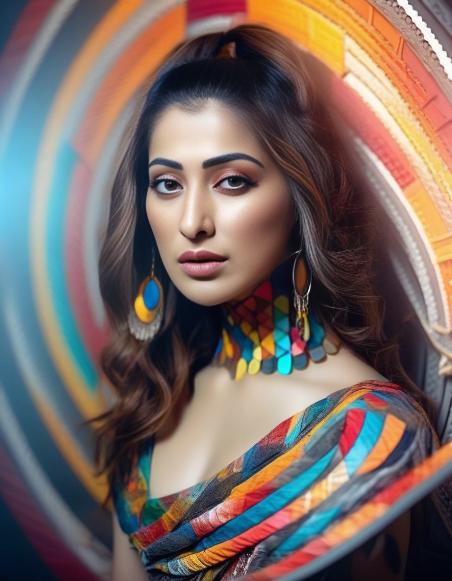 RaaiLaxmi,<lora:RaaiLaxmiSDXL:1>, cinematic photo (full-body:1.85) A futuristic portrait of a beautiful young woman on a simple paper studio background with a strong colourful intricate circular geometrical pattern, geometrical makeup, (highly detailed skin texture:1.6), pores, high contrast . 35mm photograph, film, bokeh, professional, 4k, highly detailed