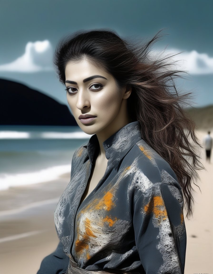 RaaiLaxmi, art by Peter Holme III, portrait, dense beach,close up of a Stressed Capricious Futuristic Girl, Tailor, at Bristol, [mountains|flora], Westernpunk, Side lighting, Mono Color, <lora:RaaiLaxmiSDXL:1>