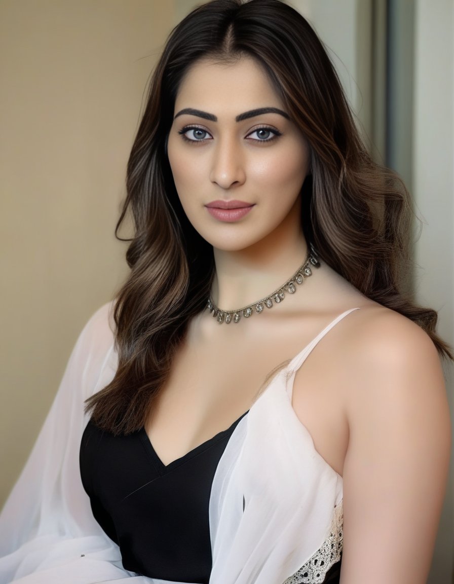RaaiLaxmi,<lora:RaaiLaxmiSDXL:1> The image is a close-up portrait of a woman with striking features. She has fair skin, high cheekbones, and a warm, inviting smile that reveals pearly white teeth. Her bright blue eyes are the centerpiece of the image, giving a sense of depth and vitality. Her hair is styled in a casual manner with some strands elegantly framing her face. She wears a black top with a hint of lace detail, suggesting a blend of comfort and sophistication. The lighting in the photo highlights her facial features and complements her complexion, adding to the overall allure and friendly aura of the image.