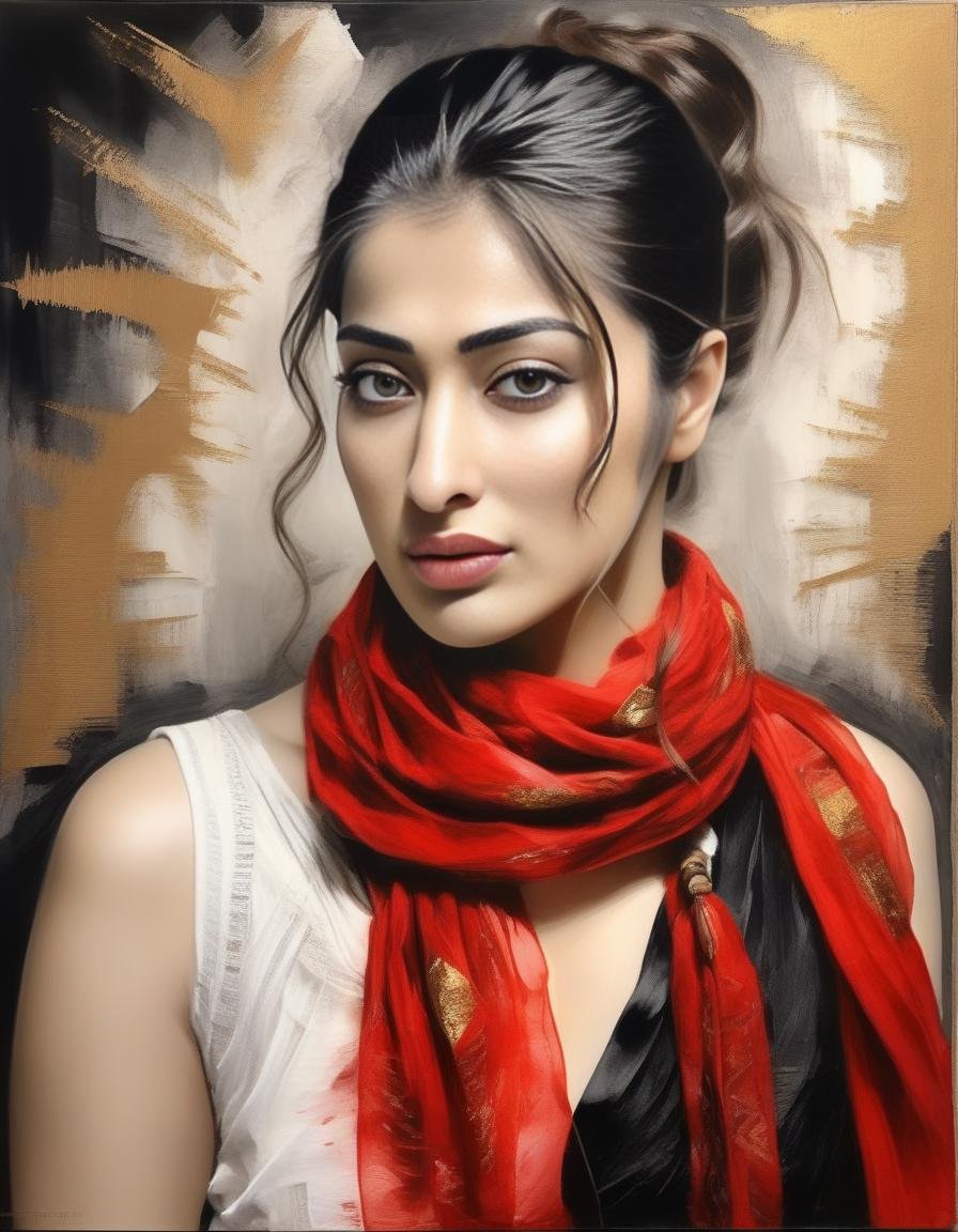 RaaiLaxmi,<lora:RaaiLaxmiSDXL:1>breathtaking portrait of a gorgeous girl, sultry, red scarf, dark gold and black, gossamer fabrics, jagged edges, eye-catching detail, insanely intricate, vibrant light and shadow , beauty, paintings on panel, textured background, captivating, stencil art, style of oil painting, modern ink, watercolor , brush strokes, negative white space