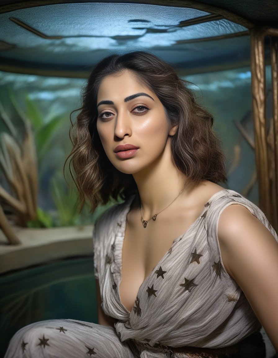 RaaiLaxmi, art by Dorothea Sharp, portrait, Hopeless,close up of a Middle Aged Hellenistic Girl, fashion modeling pose, from inside of a Zoo, Silver water, Stars in the sky, equirectangular 360, 50s Art, 35mm, arthouse, <lora:RaaiLaxmiSDXL:1>