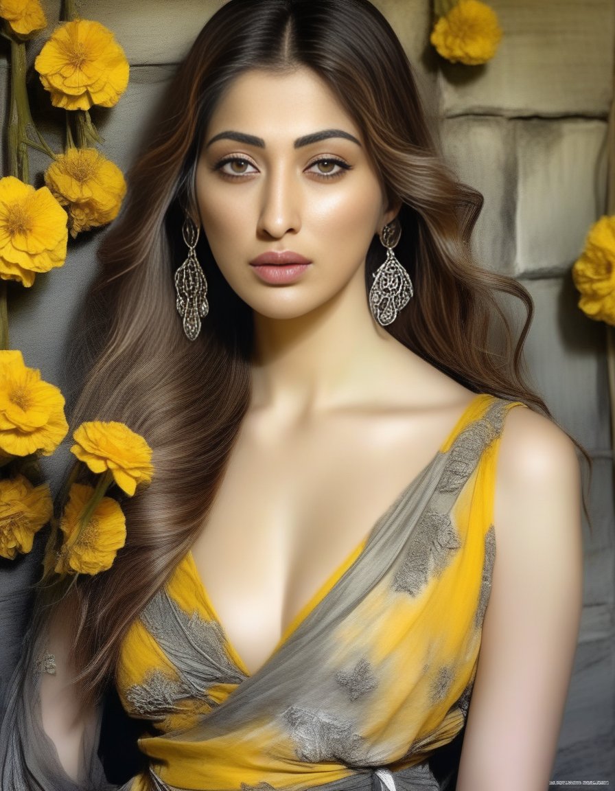 RaaiLaxmi,<lora:RaaiLaxmiSDXL:1>Girl with beautiful sad eyes on the background of flowering garden. earthy tone and yellow colors (glamour by Dior). Hyperrealistic, real, art, photography, realistic, masterpieces, high quality, best quality, official art, beautiful, aesthetic, highly detailed, intricate, sharp focus, digital art, [style by Luis Royo and Fabian Perez], fine charcoal , pencil sketch, stencil layered resin, 16k, UHD, HDR, (Masterpiece: 1. 5), (best quality: 1. 5)