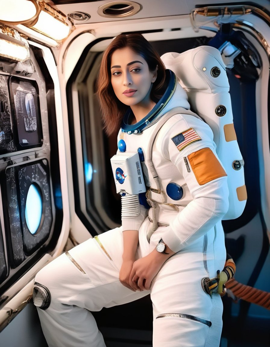 RaaiLaxmi,<lora:RaaiLaxmiSDXL:1>,photo,detailed background, stunning beauty, high quality photo, perfect composition, perfect details and textures, highly detailed, front view, looking at camera, perfect lighting, with an astronaut suit in the space station