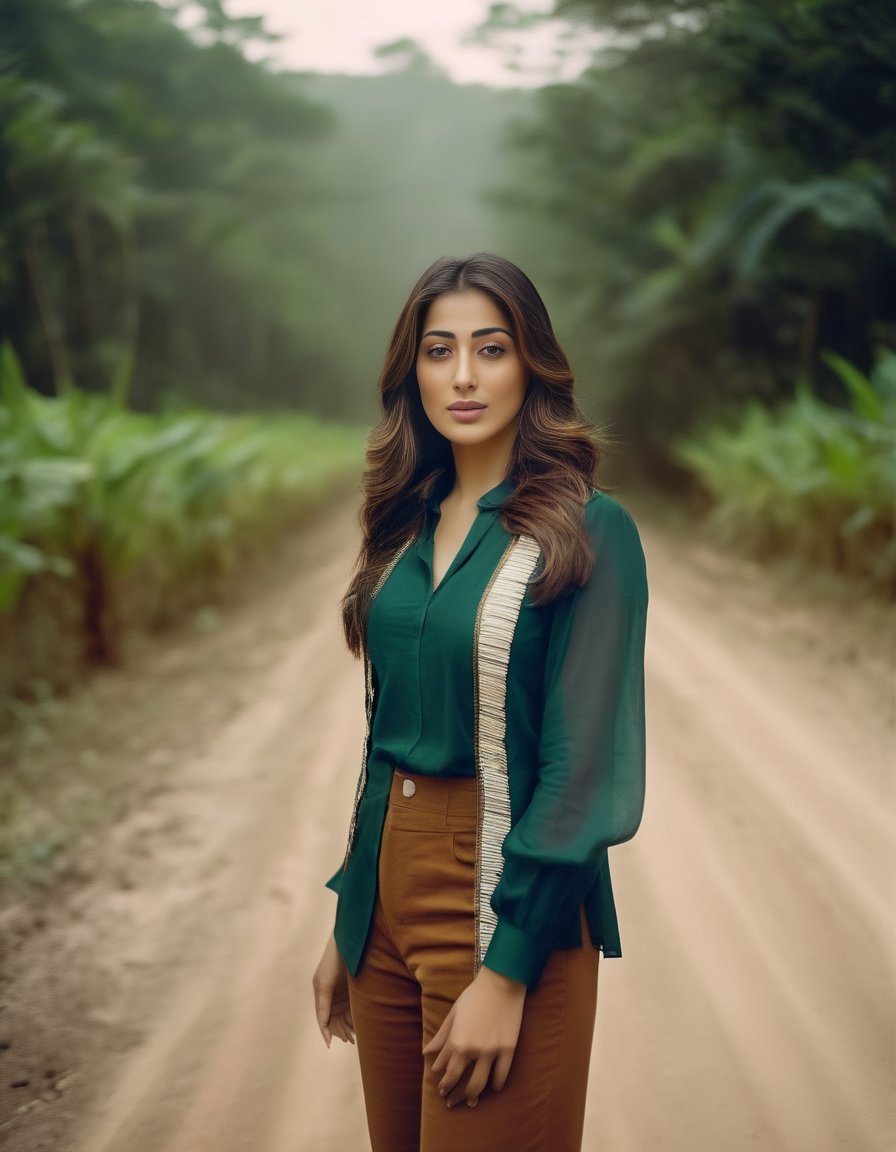 RaaiLaxmi,<lora:RaaiLaxmiSDXL:1>cinematic photo happy woman, long layered haircut, brunette hair, long sleeve blouse with embroidered stripes, standing on an old dirt road leading into a forest . 35mm photograph, film, bokeh, professional, 4k, highly detailed