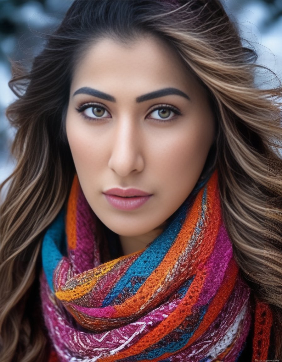 RaaiLaxmi,<lora:RaaiLaxmiSDXL:1>HDR photo of extreme close-up of a woman wrapped in a brightly colored heavy scarf, brunette hair with light blonde highlights, perfect eyes, luscious full lips, light makeup, rosy cheeks, heavy snow . High dynamic range, vivid, rich details, clear shadows and highlights, realistic, intense, enhanced contrast, highly detailed