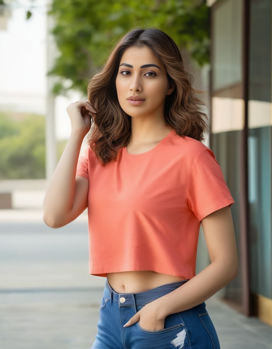 RaaiLaxmi,<lora:RaaiLaxmiSDXL:1>An image of a young woman with a medium warm complexion and natural makeup, featuring defined eyebrows and neutral lips. Her chestnut brown hair is cut into a textured lob with subtle highlights. She is wearing a cropped coral pink t-shirt and low-rise blue jeans with a wash effect and distressed details. She poses casually outdoors, lifting her hair with one hand, against a blurred urban backdrop, exuding a confident and relaxed vibe.
