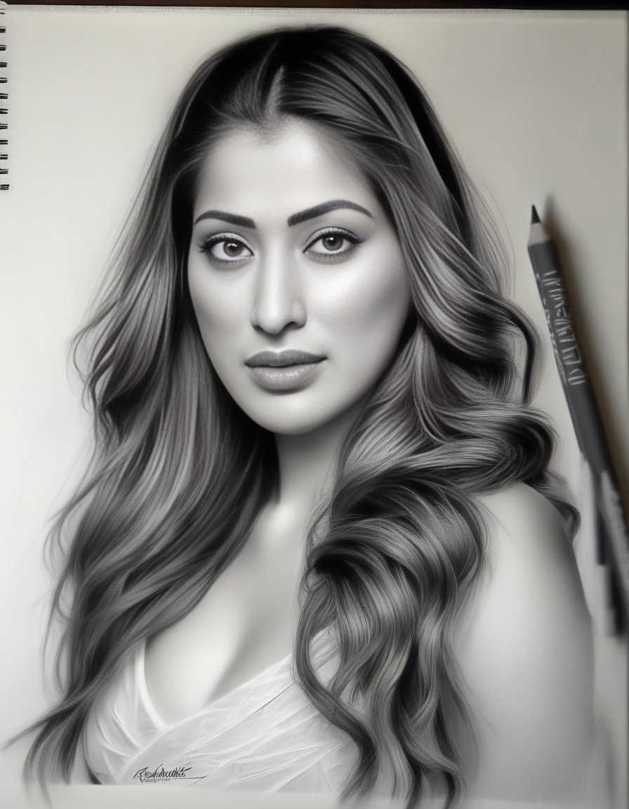 RaaiLaxmi,<lora:RaaiLaxmiSDXL:1>, sketching on ivory paper with charcoal pencil, in the style of realistic hyper-detailed portraits, digital airbrushing, monochrome , commission for, i can't believe how beautiful this is