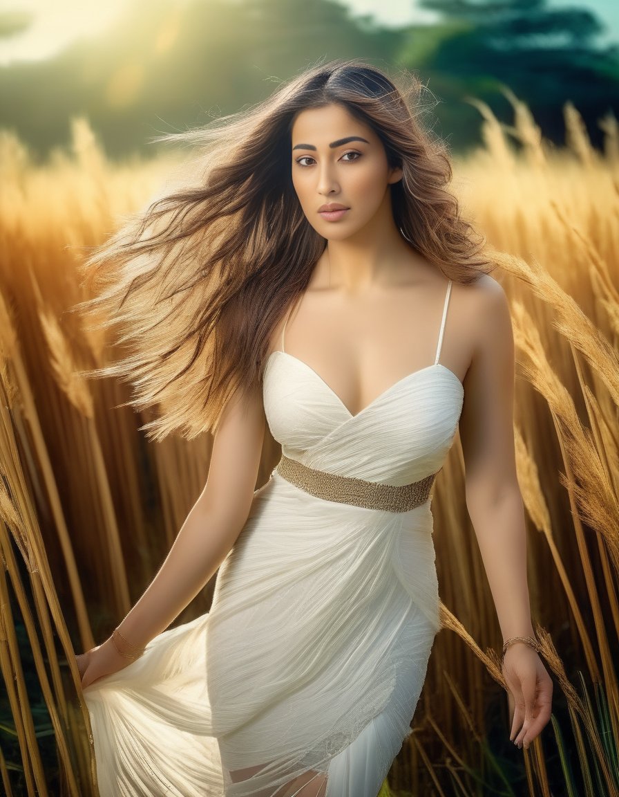 RaaiLaxmi,<lora:RaaiLaxmiSDXL:1>HDR photo of woman posing in a field of reeds, long brunette hair blowing in the wind, sheer form fitting white dress, barefoot, enjoying the beauty of nature surrounding her . High dynamic range, vivid, rich details, clear shadows and highlights, realistic, intense, enhanced contrast, highly detailed