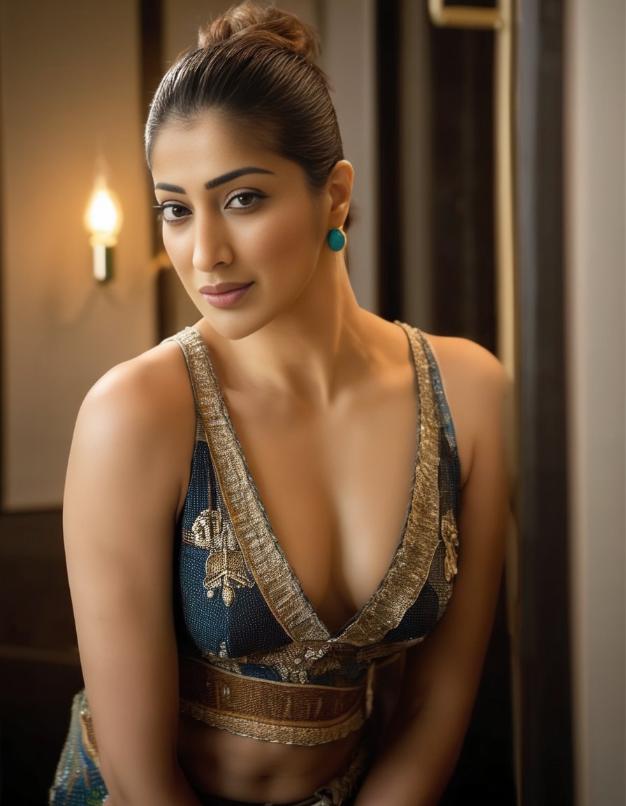 RaaiLaxmi,<lora:RaaiLaxmiSDXL:1>An image of a woman standing straight on, with her head turned slightly to the right, giving a soft side glance. She has neatly pulled-back hair and natural makeup emphasizing her eyes. She wears a patterned short-sleeved top with a round neckline. The lighting is soft and diffuse, highlighting her calm expression, and the background is a blurred indoor public space.