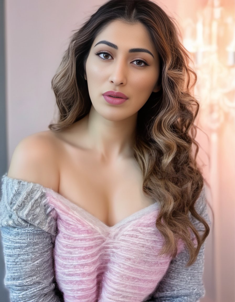 RaaiLaxmi,<lora:RaaiLaxmiSDXL:1>,An image of a young woman with a glowing complexion and honey blonde wavy hair. Her eyes are brightly colored, accentuated with natural makeup and mascara. She wears a subtle pink lipstick. Her attire includes a light gray off-the-shoulder cable knit sweater and a black sequined V-neck top underneath. The setting is wintery with a blurred snowy background, and the lighting is soft and diffuse, focusing on her face and the texture of her outfit.