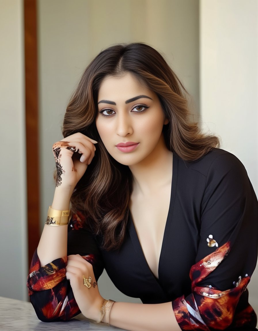 RaaiLaxmi,<lora:RaaiLaxmiSDXL:1>An image of a poised young woman with fair skin and warm undertones. Her facial features are defined by expertly applied makeup, with full lips and large hazel eyes highlighted with eyeliner and mascara. Her eyebrows are neatly shaped, adding to her expressive gaze. Her chestnut hair falls in loose waves. She wears a black shirt with a bold red paint splatter pattern, lending an artistic vibe to her look. A gold cuff bracelet adorns her wrist, complementing her shirt. The ambiance reflects a blend of casual elegance and a modern artistic touch.