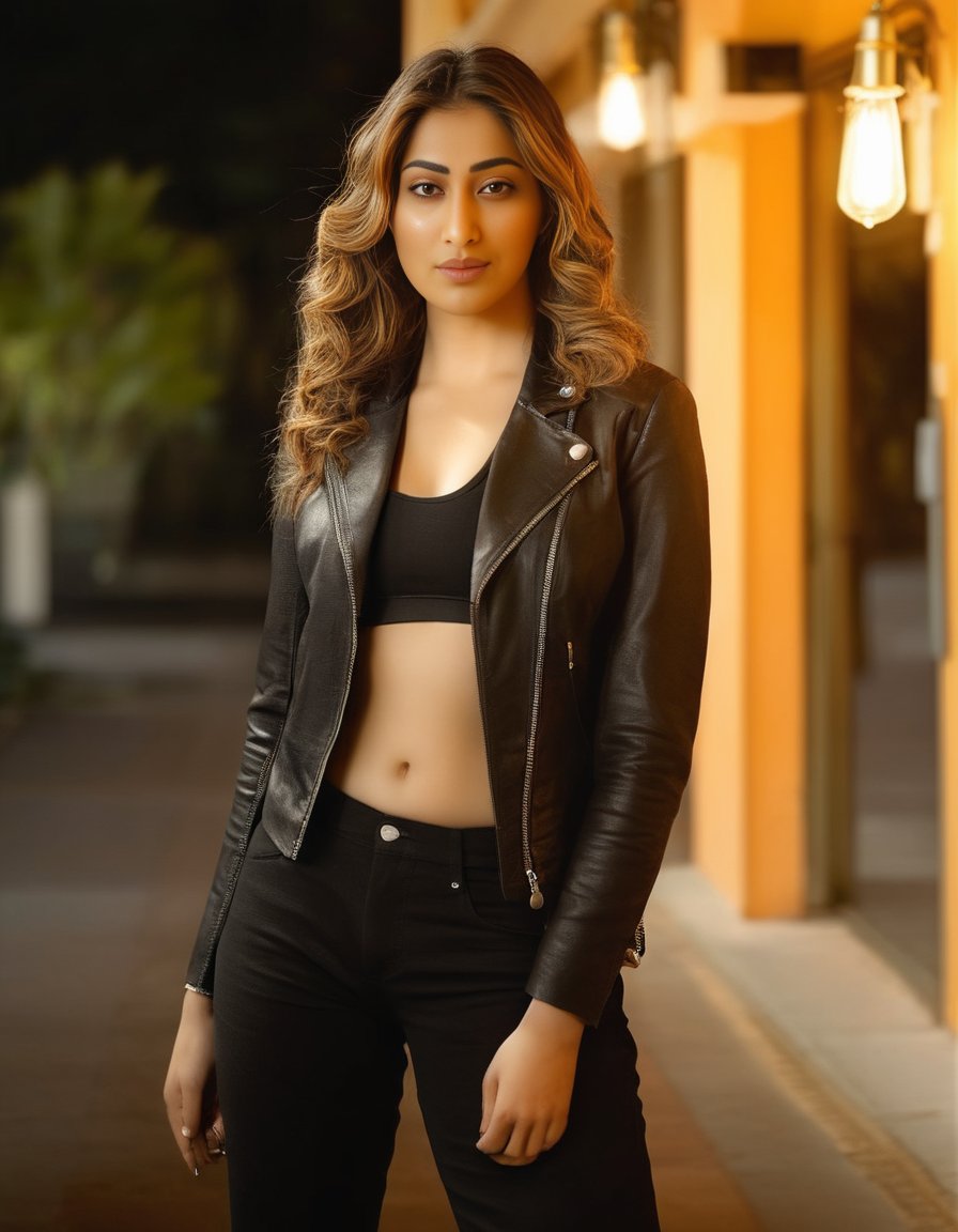 RaaiLaxmi,<lora:RaaiLaxmiSDXL:1>An image of a young woman with blonde wavy hair styled away from her face. She is standing with her left hip cocked and her weight on her left leg. Her right hand is on her hip and her left hand holds a light-colored clutch. She is wearing a black leather jacket over an orange scoop-neck top, paired with black pants. The lighting is the warm glow of the golden hour. The background is a blurred outdoor parking area with hints of cars and buildings.