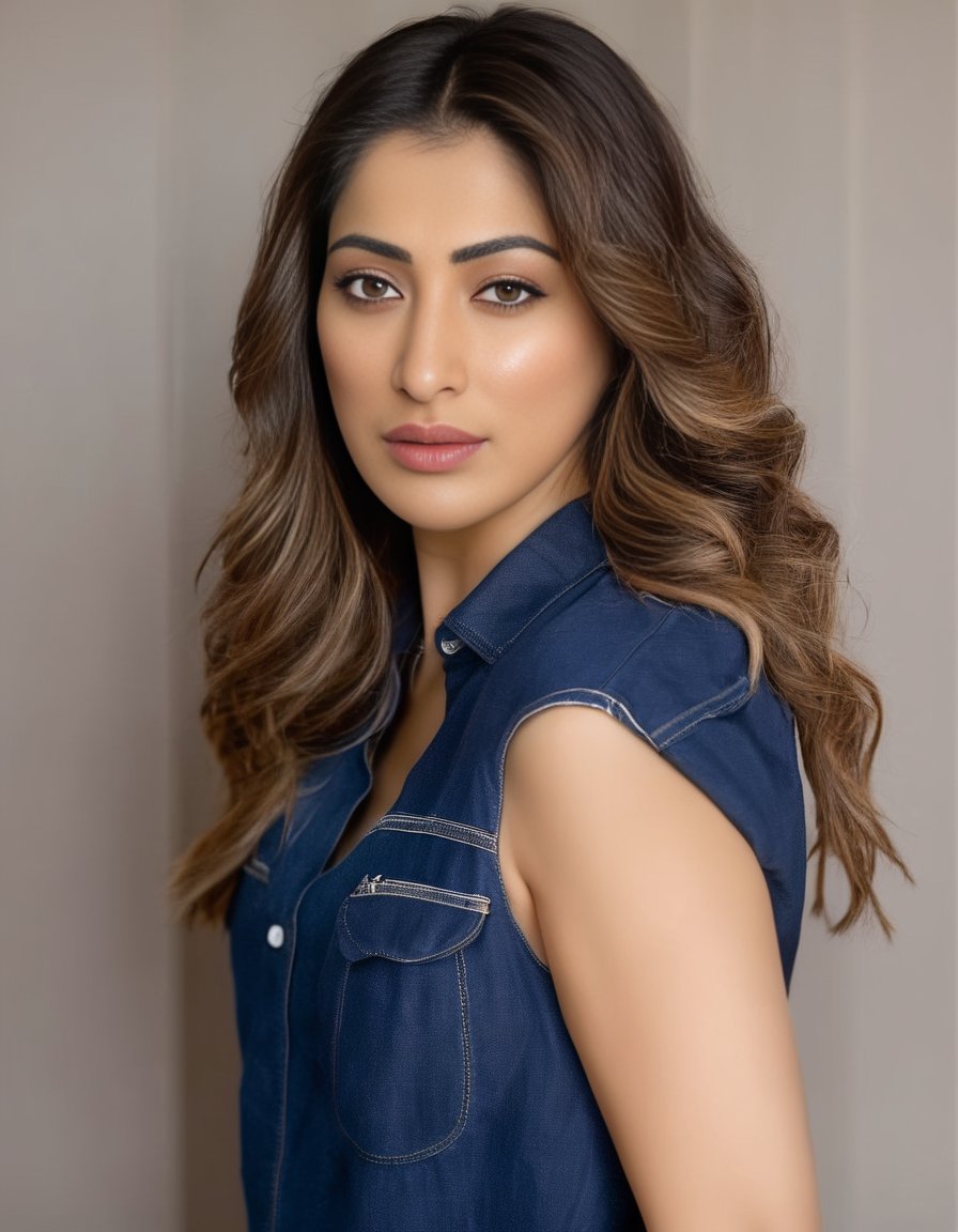 RaaiLaxmi,<lora:RaaiLaxmiSDXL:1>A detailed portrait of a young woman with a warm complexion and hazel eyes. Her hair is styled in soft waves with dark roots and honey-blonde highlights. She is wearing a dark denim shirt with the top buttons undone. Her makeup is natural, highlighting her eyes and lips, and she has a relaxed yet confident posture. The lighting is soft and natural, suggesting a daylight setting.