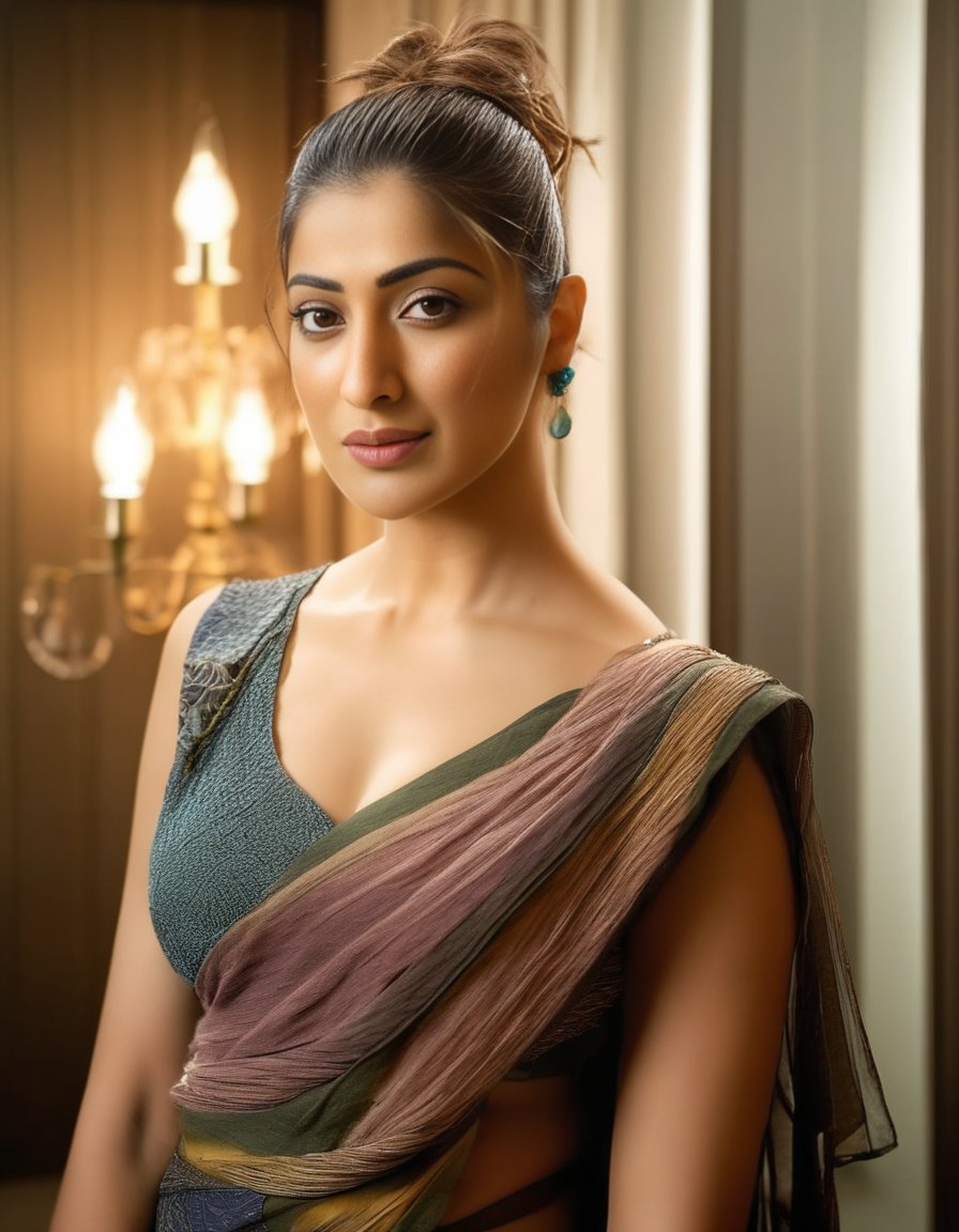 RaaiLaxmi,<lora:RaaiLaxmiSDXL:1>An image of a woman standing straight on, with her head turned slightly to the right, giving a soft side glance. She has neatly pulled-back hair and natural makeup emphasizing her eyes. She wears a patterned short-sleeved top with a round neckline. The lighting is soft and diffuse, highlighting her calm expression, and the background is a blurred indoor public space.