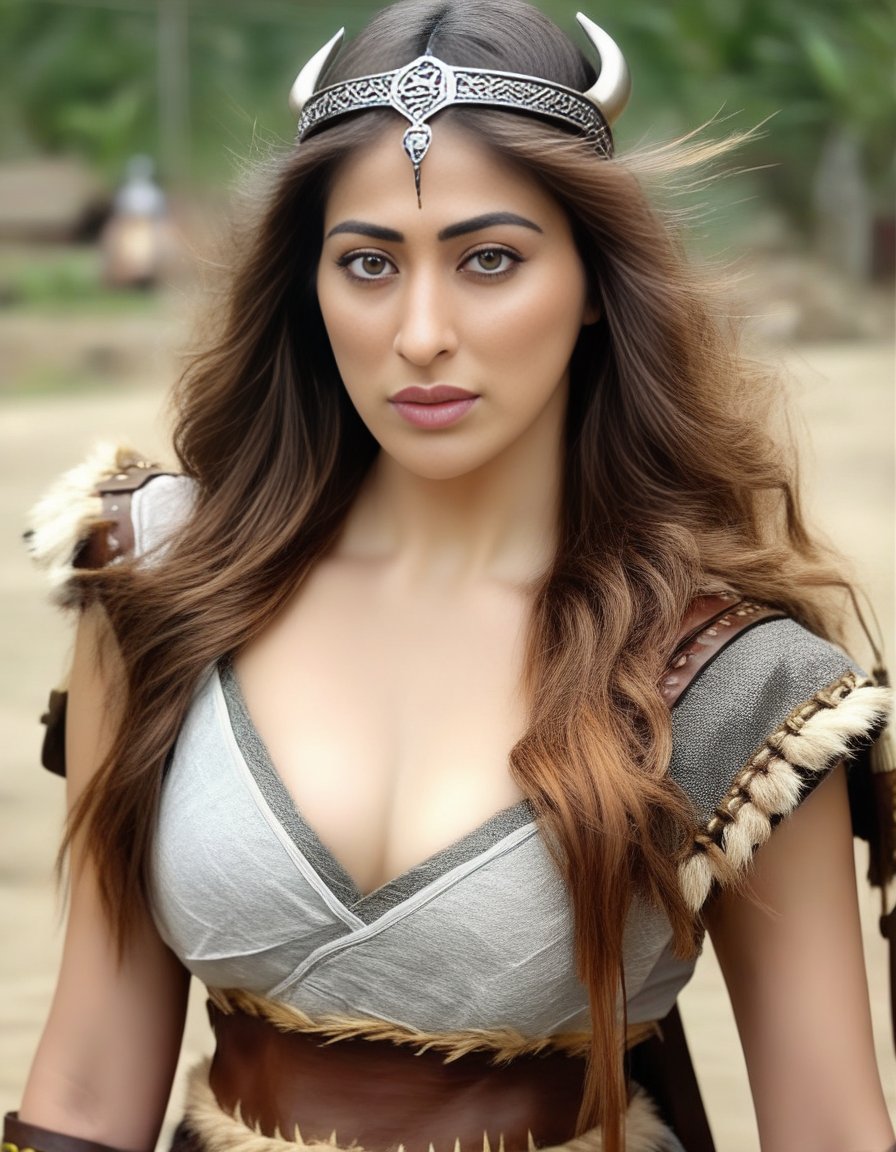 RaaiLaxmi,<lora:RaaiLaxmiSDXL:1>,photo of a gorgeous woman), (professional photography), (scenic background), ((as a viking warrior woman)), ((close-up)), masterpiece, best quality, (eye contact), (looking at the viewer), centred, (shot from front), blurred_background, proportional