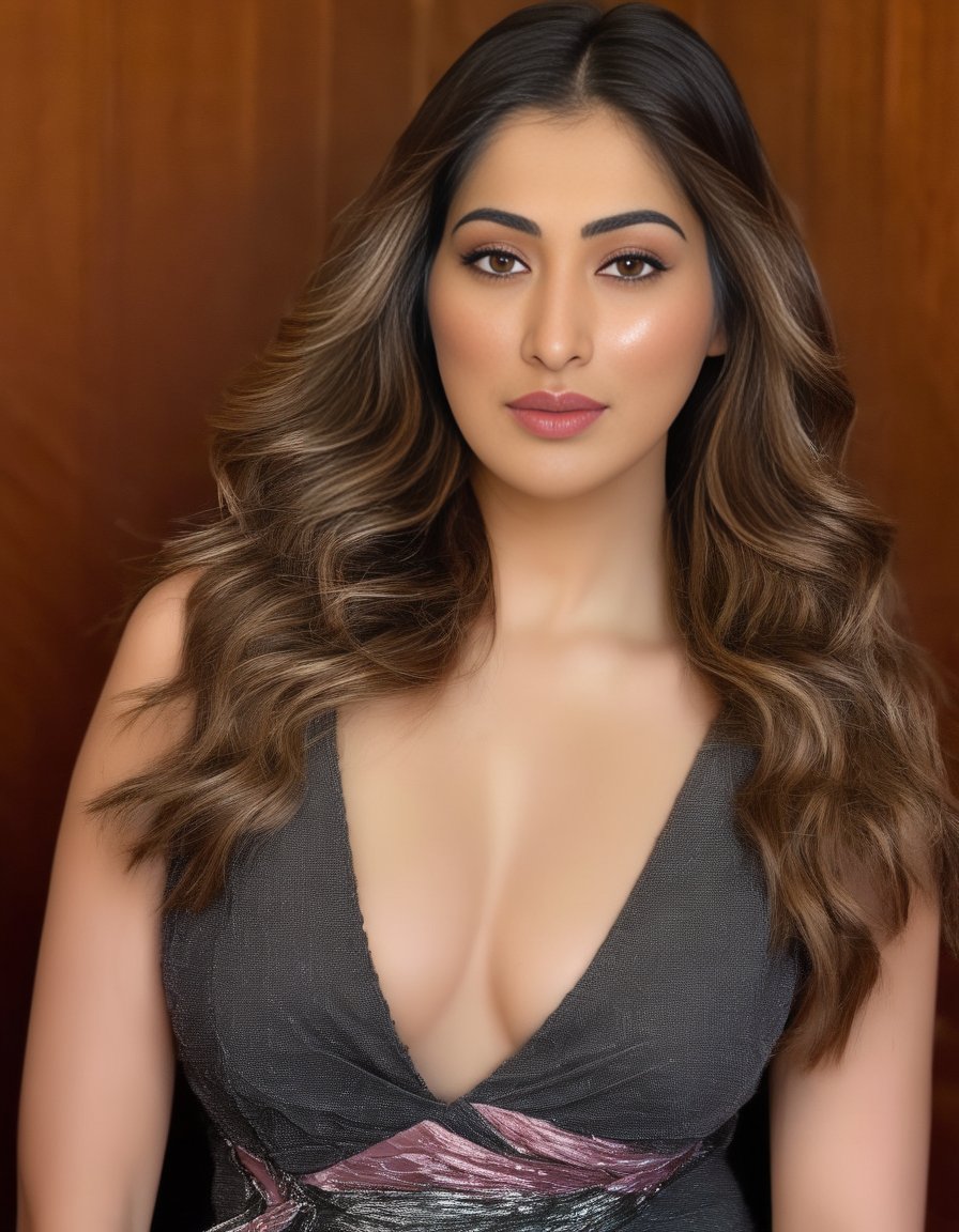 RaaiLaxmi,<lora:RaaiLaxmiSDXL:1>An image of a poised young woman with shoulder-length wavy dark blonde hair. She is looking directly at the viewer with a soft, assured gaze. She is wearing a fitted, long-sleeved, dark charcoal V-neck top with small, light speckles, giving the appearance of a subtle shimmer. The top is gathered at one side to highlight her figure. One hand is casually running through her hair while the other rests by her side. The setting is indoors with natural lighting that enhances the soft makeup on her fair skin, complete with defined eyebrows and light pink lipstick.