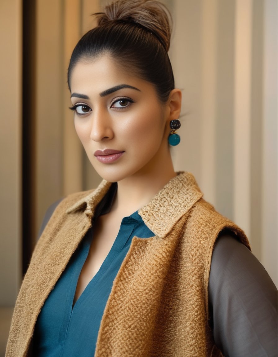 RaaiLaxmi,<lora:RaaiLaxmiSDXL:1>An image of a woman standing straight, facing the camera head-on with a slight head tilt. She gazes directly into the camera with a strong, engaging look. Her hair is pulled back into a high ponytail with some strands framing her face. Her makeup subtly enhances her eyes under well-defined eyebrows. She wears a high-necked black top and a cropped brown and cream knitted sweater vest. Over the vest, she has a camel-colored coat with large lapels and an abstract blue and black pattern on one side, worn open. Her right hand is casually placed in the pocket of her high-waisted black jeans."