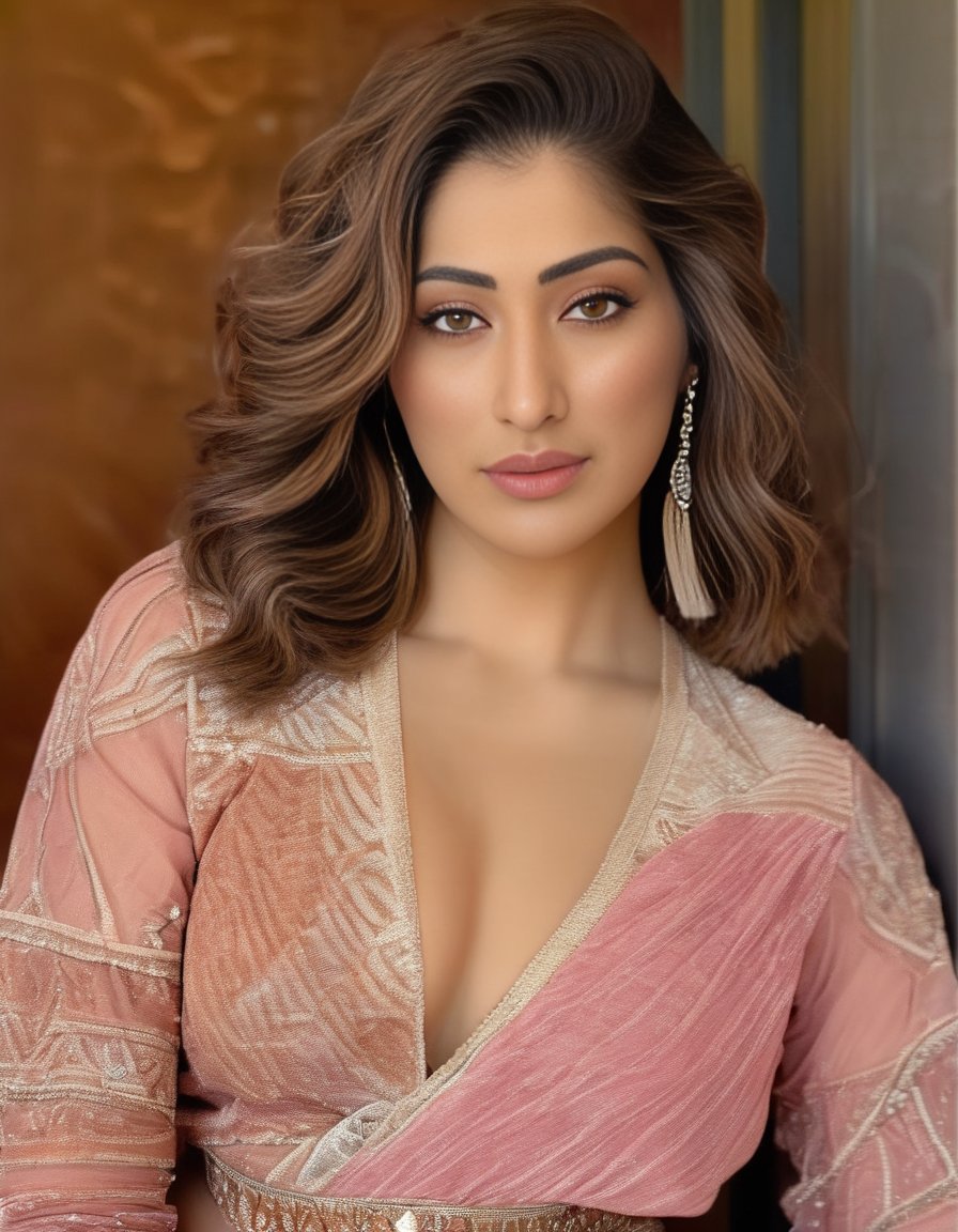 RaaiLaxmi,<lora:RaaiLaxmiSDXL:1>An image of a young woman with a medium complexion and soft, natural makeup. Her eyes are highlighted with eyeliner and mascara, and her lips have a pink tint. She has a textured bob hairstyle with brown, caramel, and auburn highlights. She wears a muted coral, fitted long-sleeved shirt with a heathered texture and subtle glitter. She stands outside with a relaxed pose, touching her hair lightly, against a blurred urban backdrop with soft natural lighting."