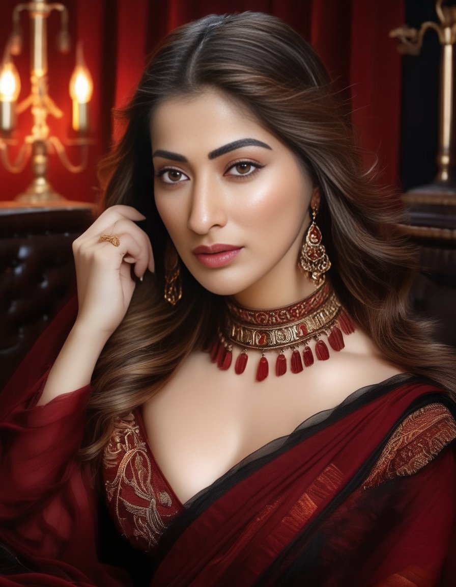 RaaiLaxmi,<lora:RaaiLaxmiSDXL:1>portrait of a beautiful young lady, elegant, in the style of dark red and black, intricate details, 4k, absurdres, high quality, confident, matte painting, luminous sfumato, digital painting, very intricate, unforgettable, by tanya shatseva