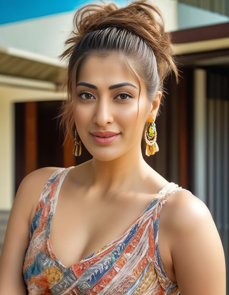 RaaiLaxmi,<lora:RaaiLaxmiSDXL:1>HDR photo of woman with hair in a messy bun smiles at the viewer, perfect eyes, beautiful skin, outside on a warm sunny day wearing a summer dress . High dynamic range, vivid, rich details, clear shadows and highlights, realistic, intense, enhanced contrast, highly detailed