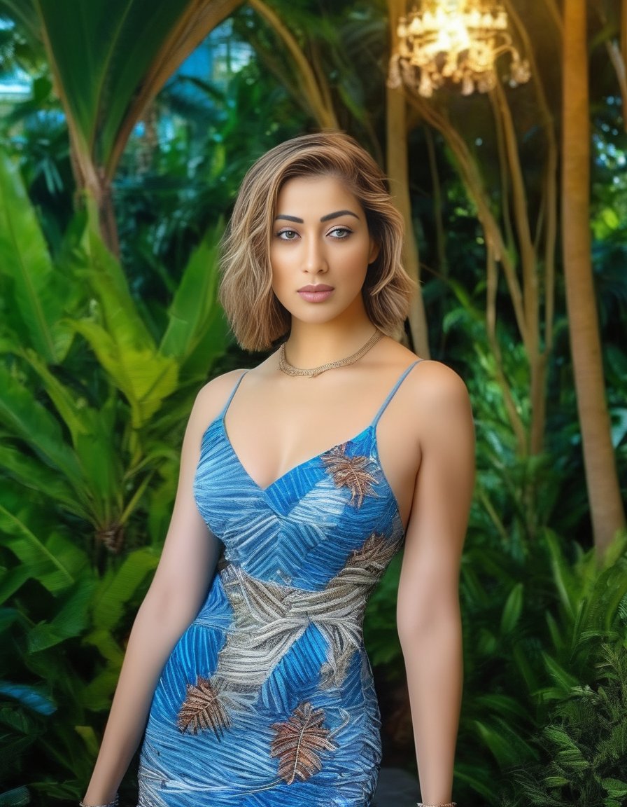 RaaiLaxmi,<lora:RaaiLaxmiSDXL:1>HDR photo of beautiful woman with short blonde hair and light blue eyes, wearing a gorgeously detailed sleeveless form fitting dress, standing outside, tropical foliage in the background . High dynamic range, vivid, rich details, clear shadows and highlights, realistic, intense, enhanced contrast, highly detailed