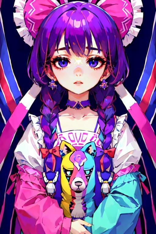 psychedelic, 1girl, jewelry, purple hair, braid, twin braids, earrings, blue eyes, long hair, ear piercing, bandaid, hair ornament, looking at viewer, stuffed toy, bow, long sleeves, stuffed animal, upper body, bangs, flower, open mouth, tongue out, hairclip, choker<lora:EMS-310941-EMS:0.900000>