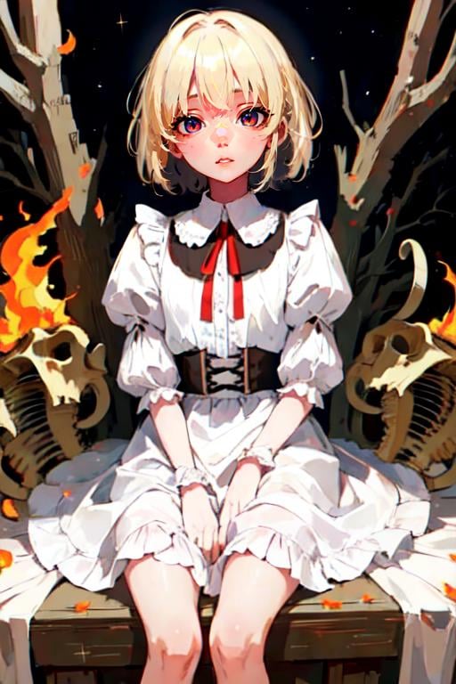 psychedelic, skeleton, 1girl, blonde hair, frills, red eyes, white shirt, long earlobes, puffy short sleeves, bird, night, puffy sleeves, white skirt, star (sky), starry sky, short hair, bone, barefoot, skull, frilled skirt, looking at viewer, lying, ribs, bangs, fire, skirt set, open mouth, dress<lora:EMS-310941-EMS:0.900000>