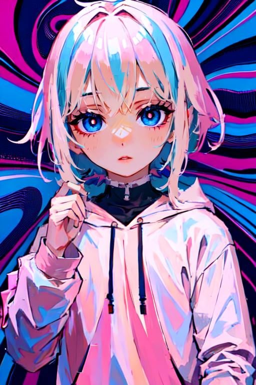 psychedelic, @ @, pink hair, blue eyes, 1boy, open mouth, blush, long sleeves, multicolored hair, male focus, tears, upper body, hoodie, blue hair, hood down, tearing up<lora:EMS-310941-EMS:1.000000>