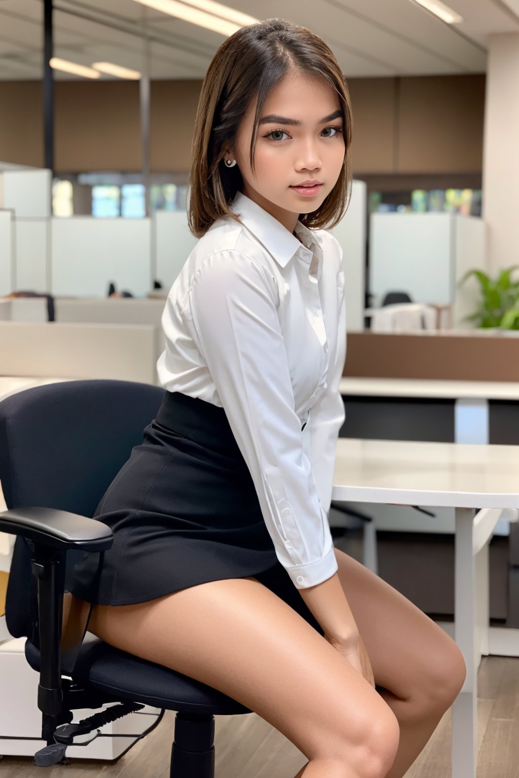 1girl, solo, young Filipina model, office shirt, mini skirt, realistic, detailed face, office. sitting on chair, close up view. ,Masterpiece